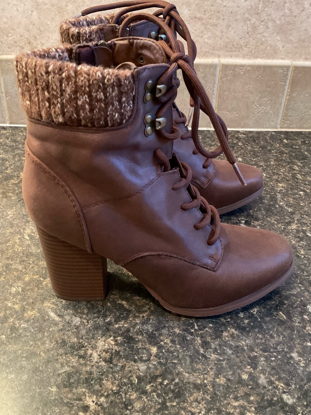 Women's Brown Lace-Up Ankle Boots with Faux Fur Trim - Picture 2 of 7